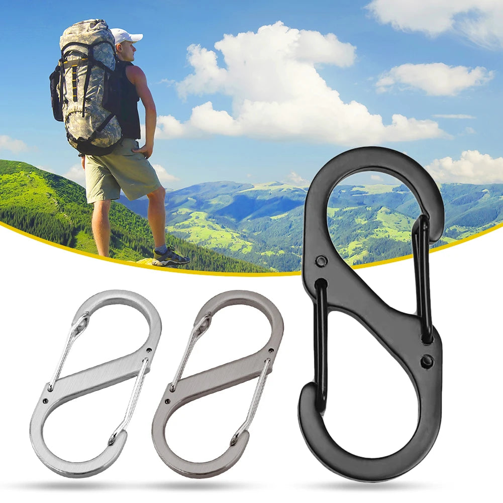 10pcs Stainless Steel S Type Carabiner With Lock Mini Keychain Hook Anti-Theft Outdoor Camping Backpack