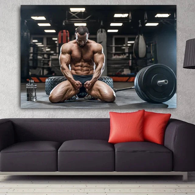 Muscle Man In Gym Weightlifting Poster,Bodybuilding Canvas Painting Fitness Print Workout Wall Art Picture