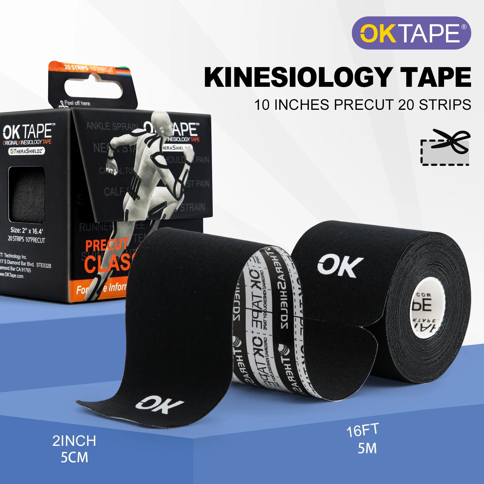 TAPE Kinesiology Tape 5CM X 5M Precut, 20 Strips, Latex Free Elastic Athletic Bandage, Gym Fitness Ankle Knee Finger Arm