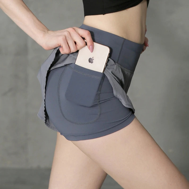 Women sportwear high-waist yoga short-cut two in one pocket gym short