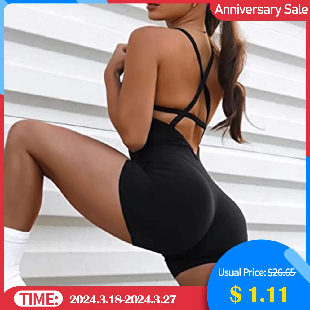 Yoga Set Women's Jumpsuit Sexy Buttocks Sports One-piece Fitness Suit Backless Cross Bodysuit 2023 Solid Color Sets Gym Clothing